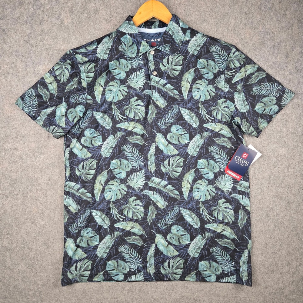 Chaps Performance Polo Shirt Mens Medium Mountain Blue‎ Tropical Leaf Print NEW